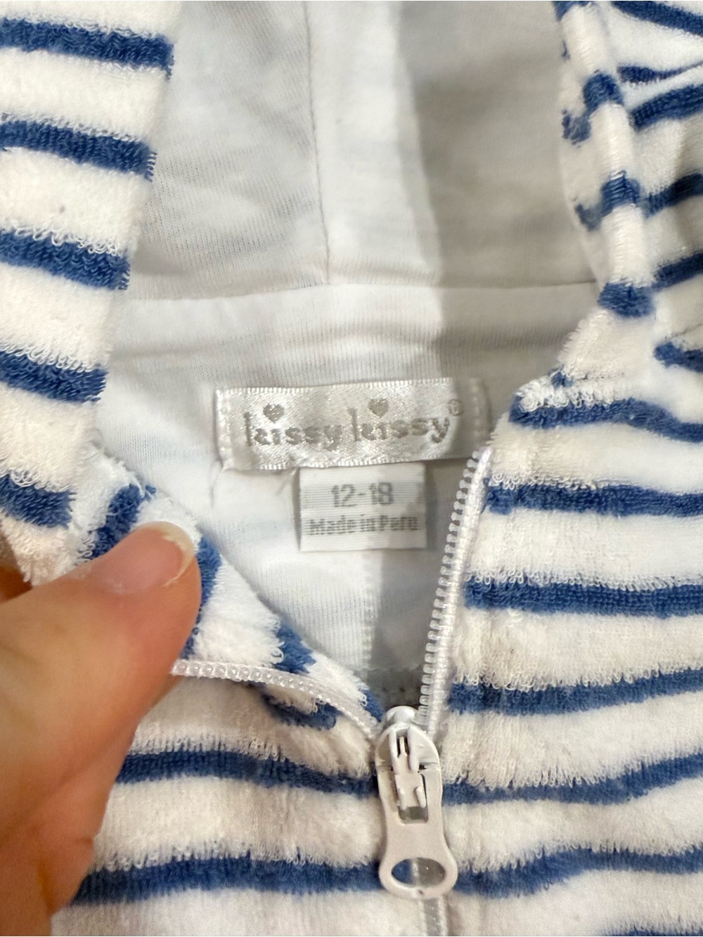 Kissy Kissy Striped Blue and White Hooded Terry Romper - Picture 6 of 13